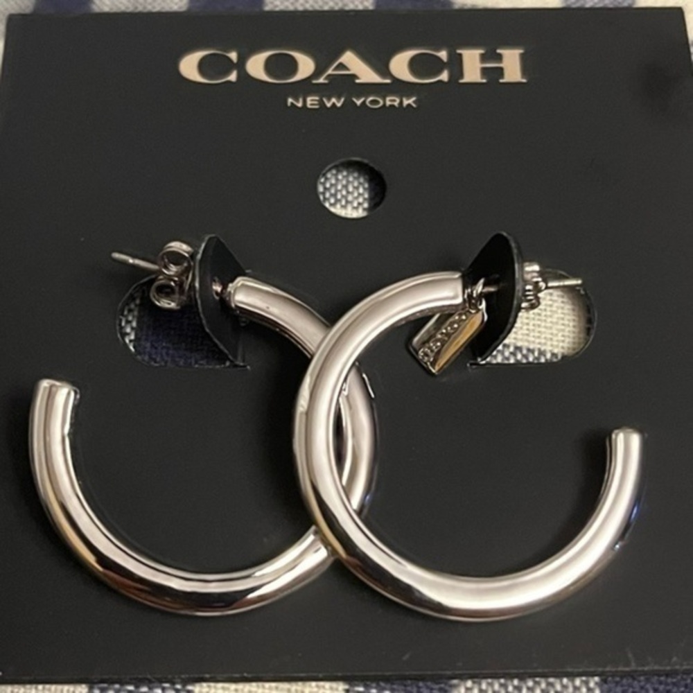 Coach Silver Tone 3/4 Hoop Earrings Polished Classic NWT